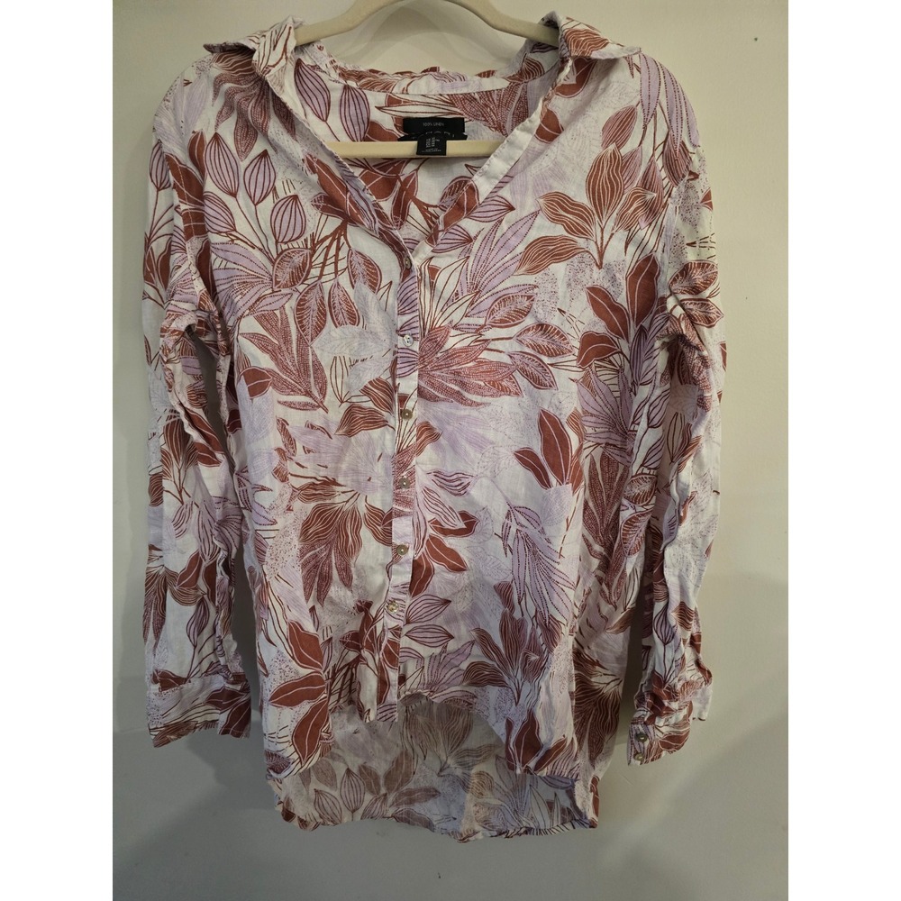 Tahari Floral Linen Button Down Blouse Tunic Top Womens Medium‎ M
